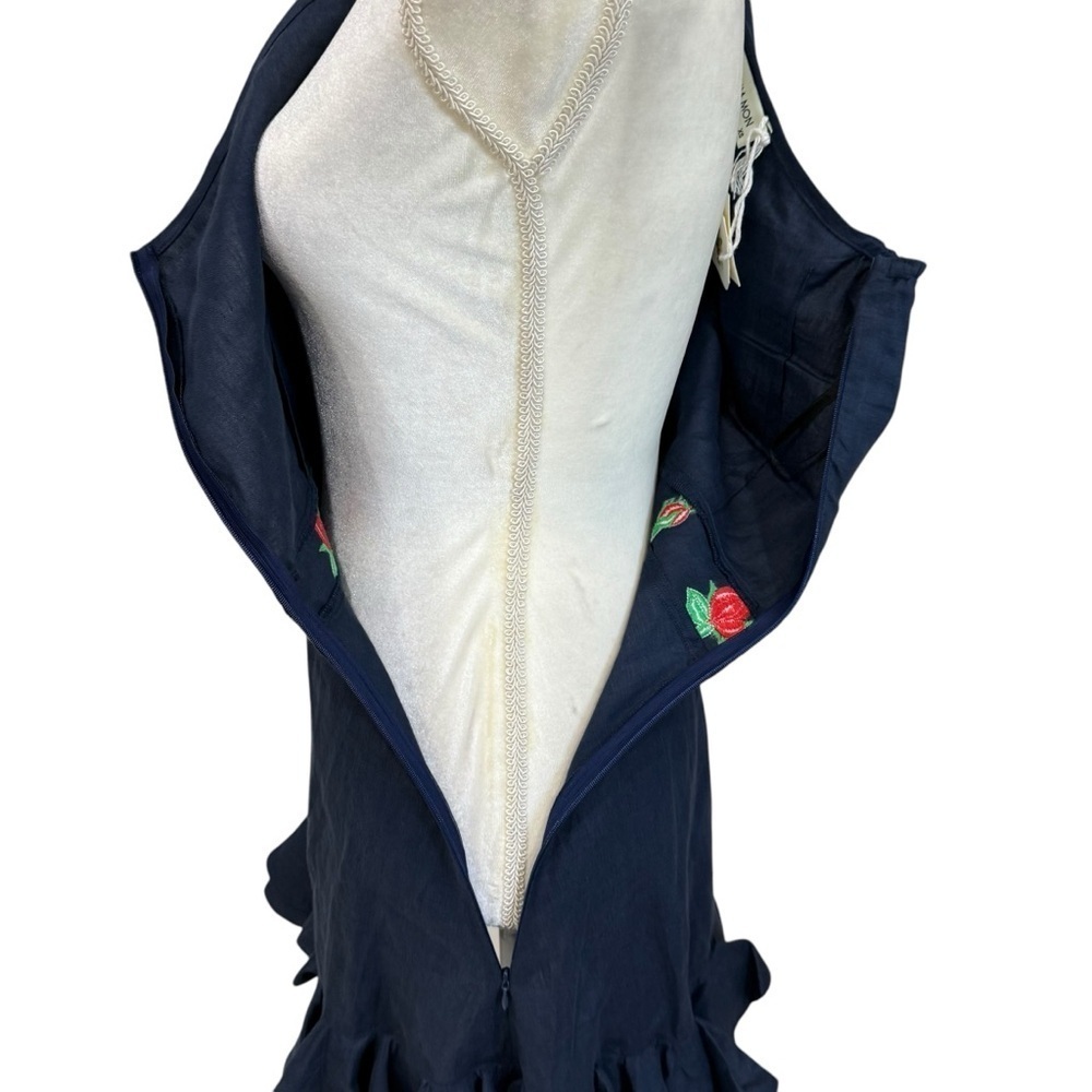 Fanm Mon Navy Flame Linen One Sleeve Ruffle Hem Floral Embroidery Mini Dress NWT - Picture 10 of 15